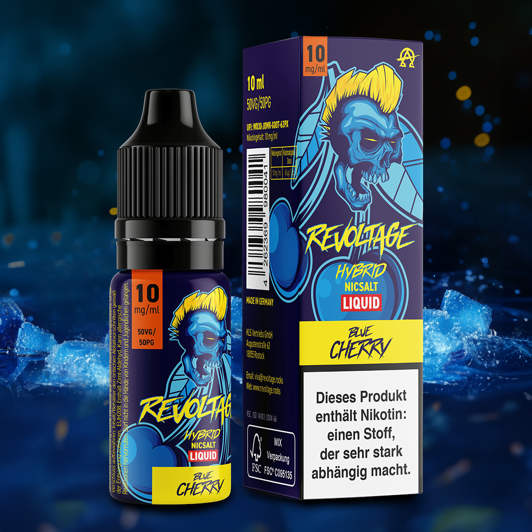Revoltage Hybrid Nicsalt Liquid Blue Cherry 10ml vape juice bottle and packaging with blue skull design