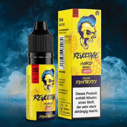 Revoltage Hybrid NicSalt Yellow Raspberry e-liquid bottle and box with bold skull artwork, 20mg/ml strength, blue smoke background, revoltage.rocks branding
