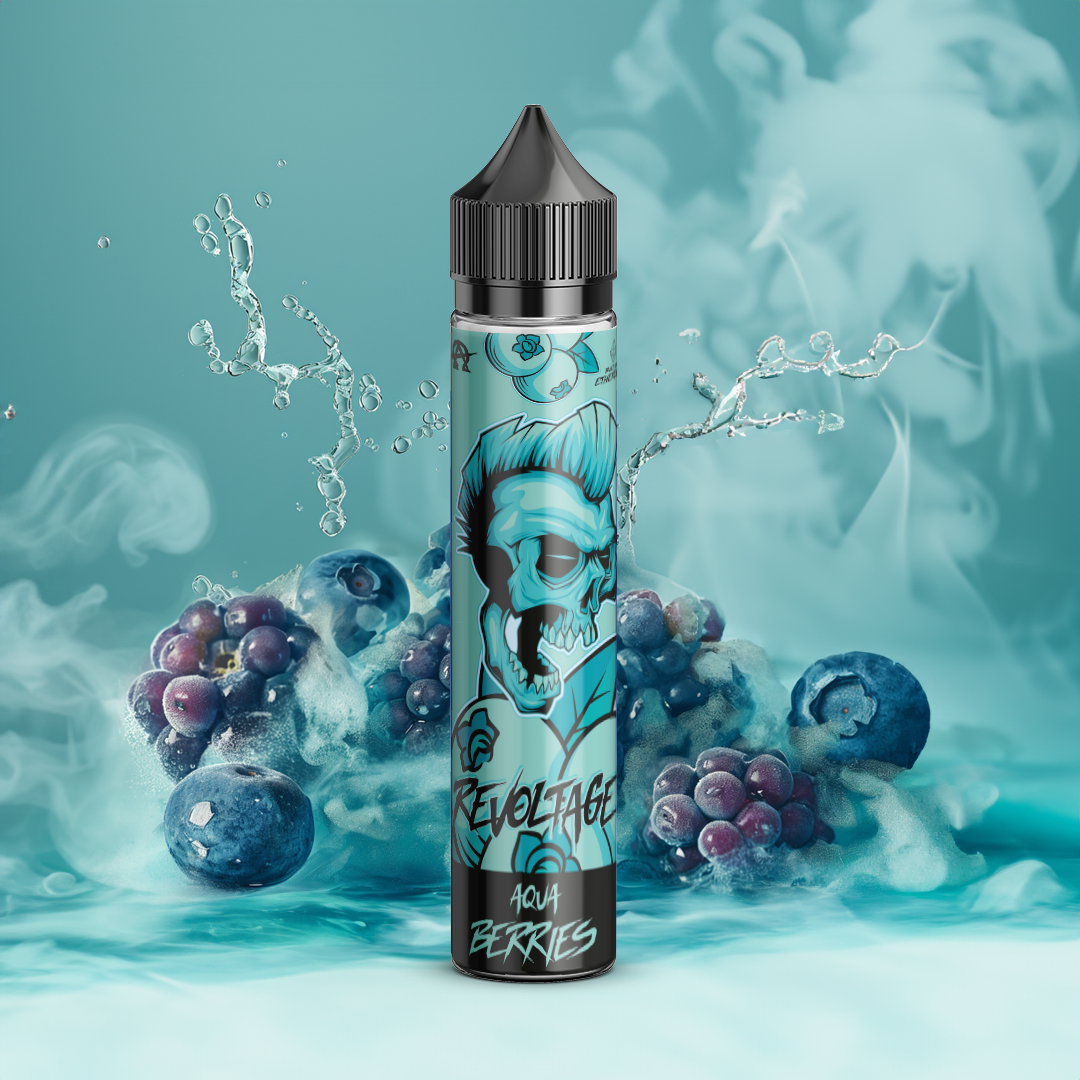 Revoltage Aqua Berries vape juice bottle with skull design, surrounded by blueberries and grapes