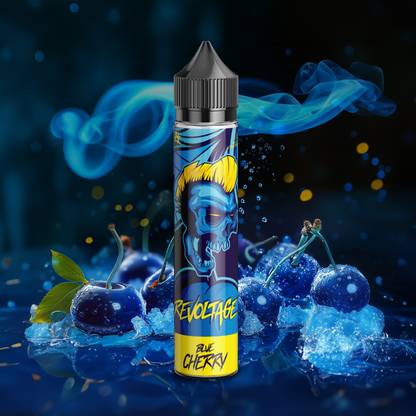 Revoltage Blue Cherry vape juice bottle with blue cherries, ice, and vibrant graphic label