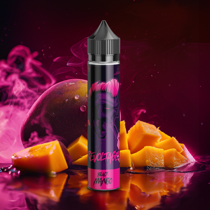 Revoltage Black Mango e-liquid bottle with vivid skull label, surrounded by mango pieces and black mango, vibrant vape branding for revoltage.rocks