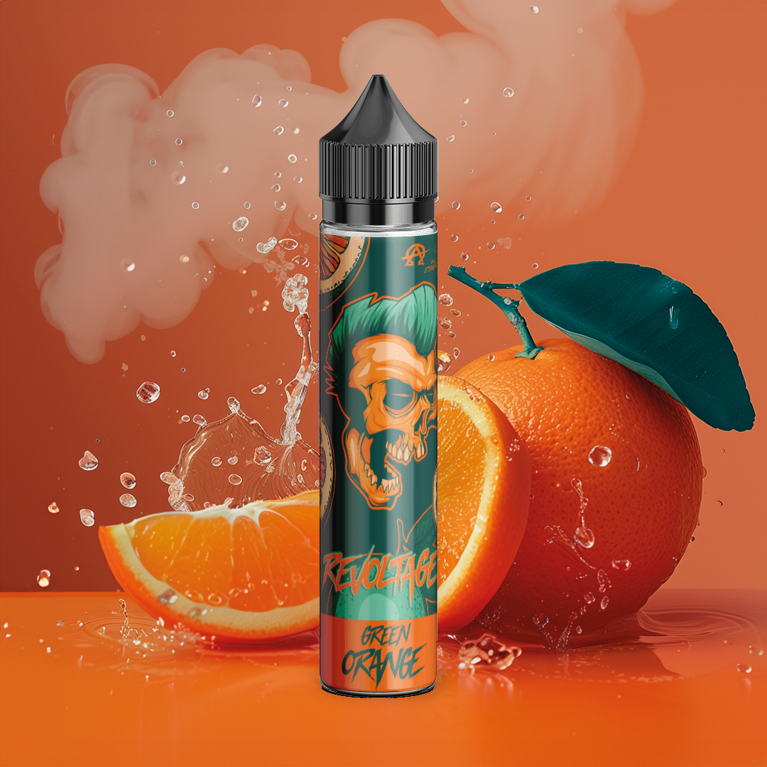 Revoltage Green Orange vape juice bottle with orange slices, splashing water, and smoke, on orange background