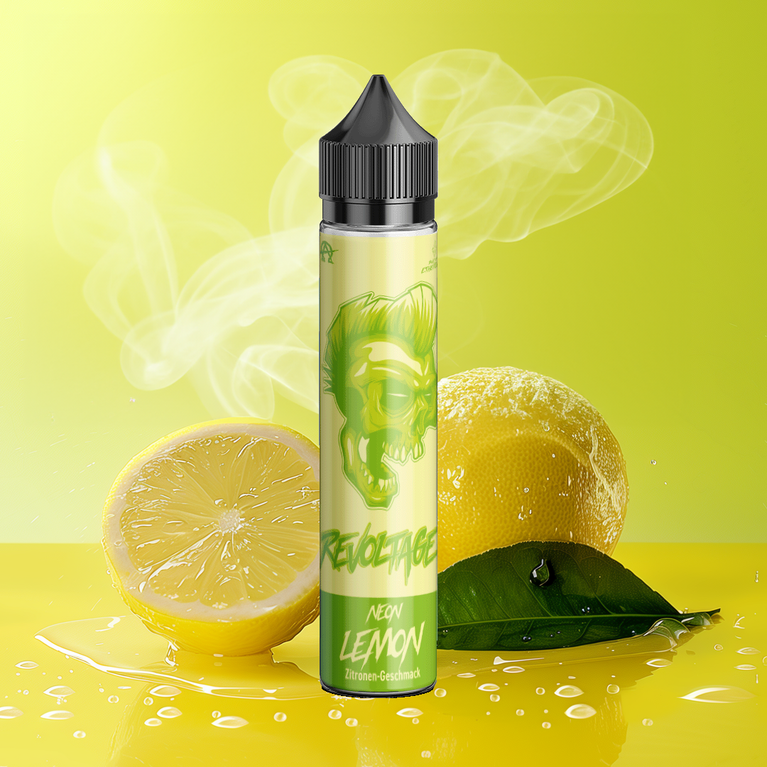 Revoltage Neon Lemon e-liquid bottle with sliced lemon, leaf, and vapor on yellow background