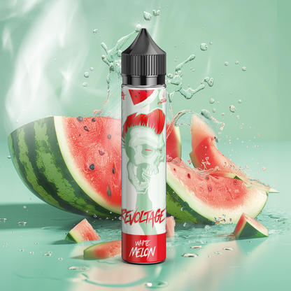 Revoltage White Melon e-liquid bottle with skull design in front of juicy watermelon slices