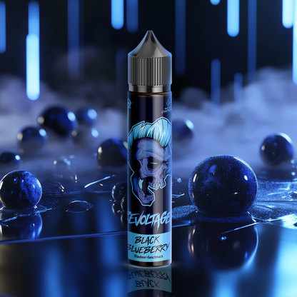Revoltage Black Blueberry aroma bottle with skull design, surrounded by glossy blueberries and mist