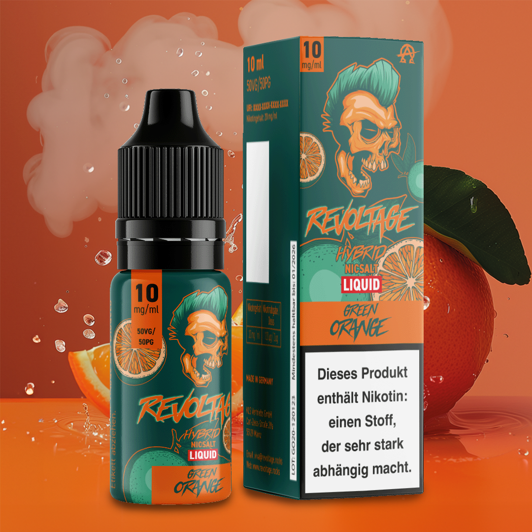 Revoltage Green Orange e-liquid 10ml bottle and box with skull logo, orange fruit, vapor effect