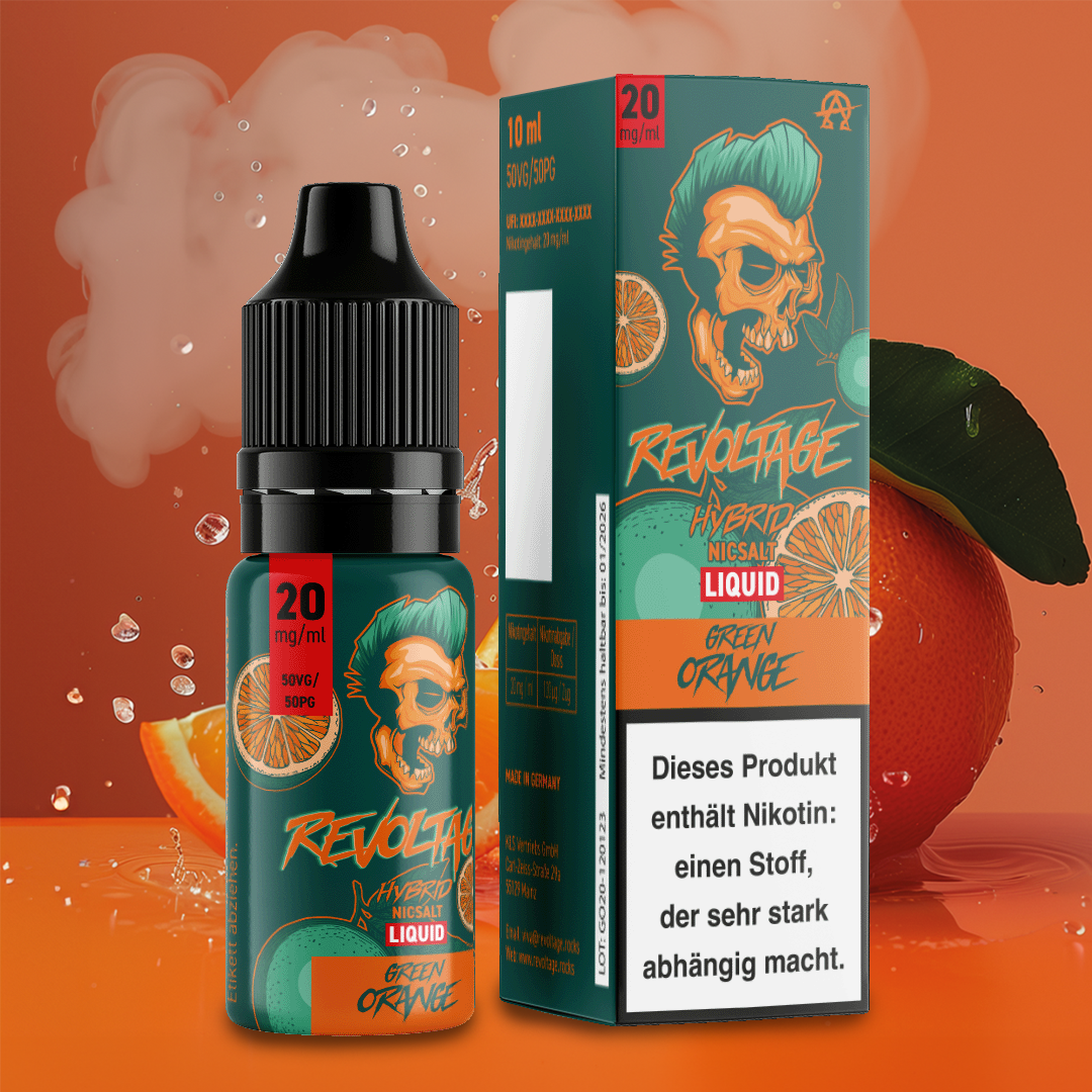 Revoltage Green Orange Hybrid Nicsalt Liquid 20mg bottle and packaging with orange graphics