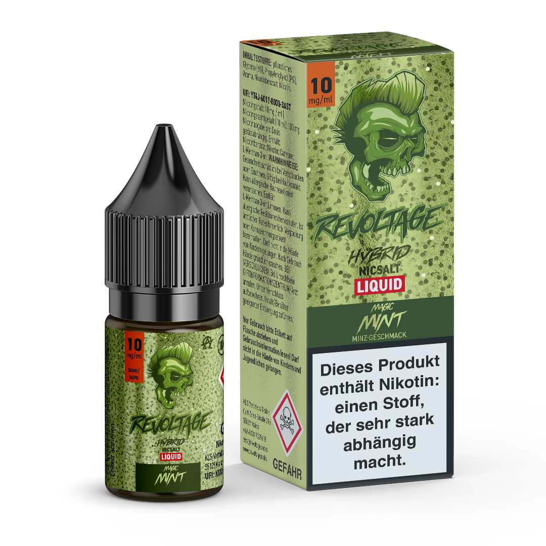 Revoltage Hybrid NicSalt Liquid Magic Mint e-liquid bottle and box with green skull design