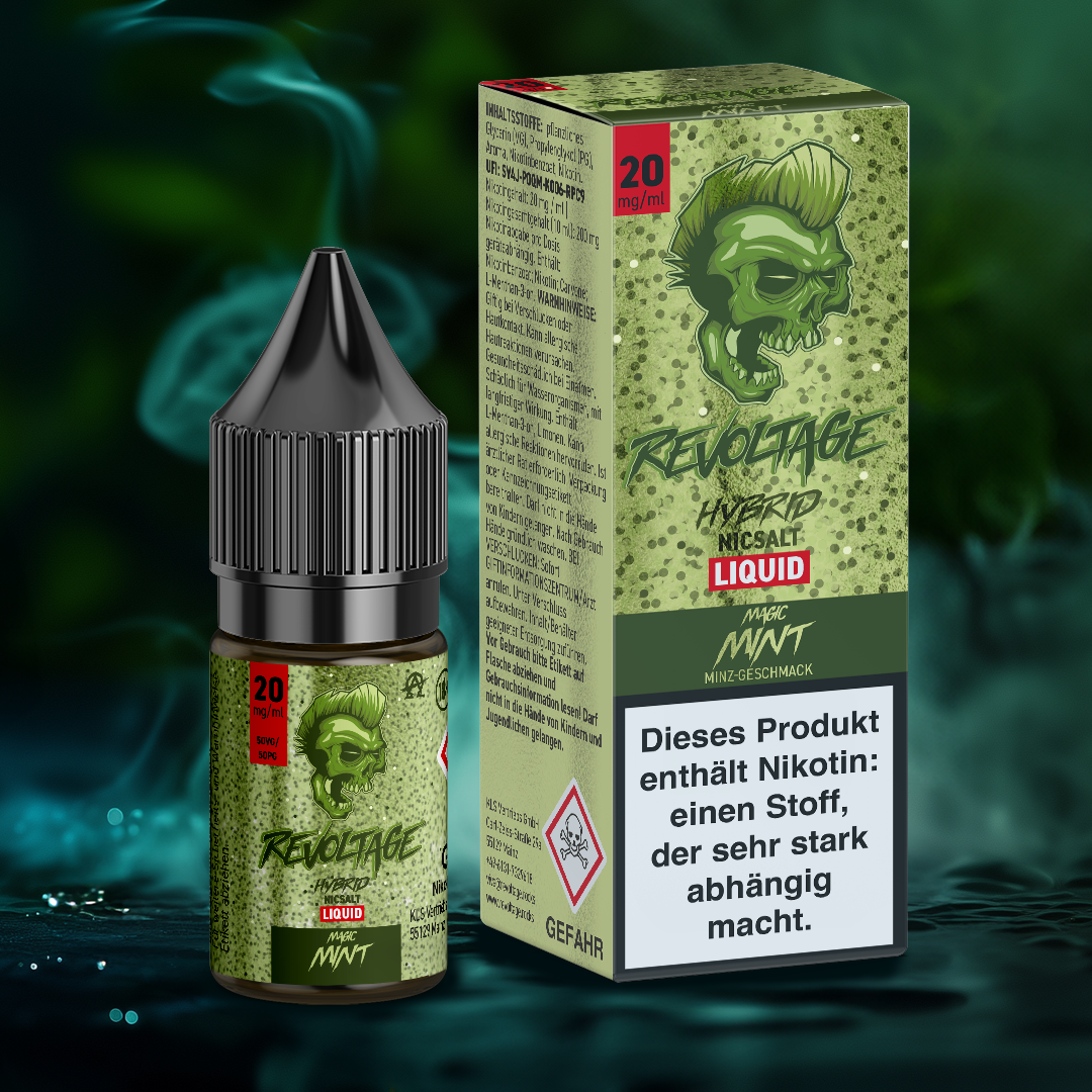 revoltage.rocks Magic Mint e-liquid bottle and box with green punk skull, 20mg nicotine, mint flavor