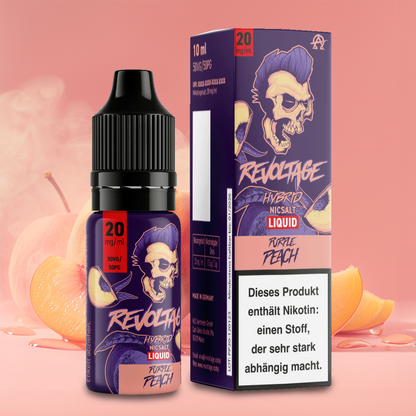 Revoltage Hybrid Nicsalt Liquid Purple Peach 20mg e-liquid bottle and box with peach background
