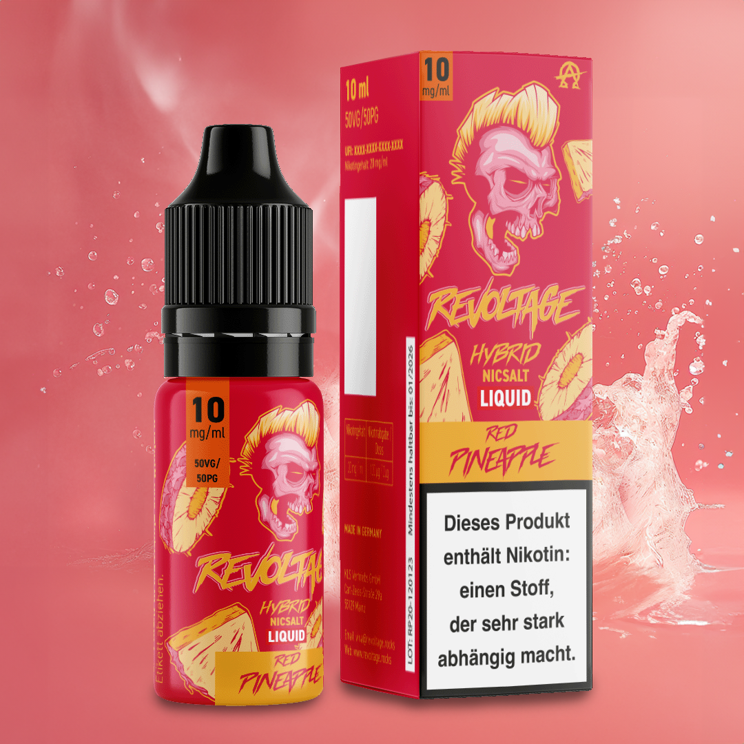 Revoltage Red Pineapple hybrid nicsalt liquid 10ml bottle and packaging with bold skull logo.