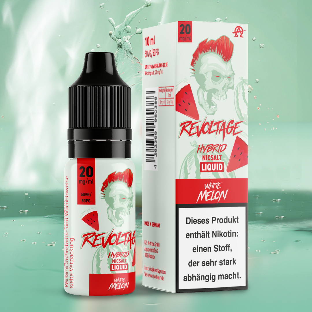 Revoltage Hybrid NicSalt Liquid White Melon 20mg bottle and box with watermelon graphics