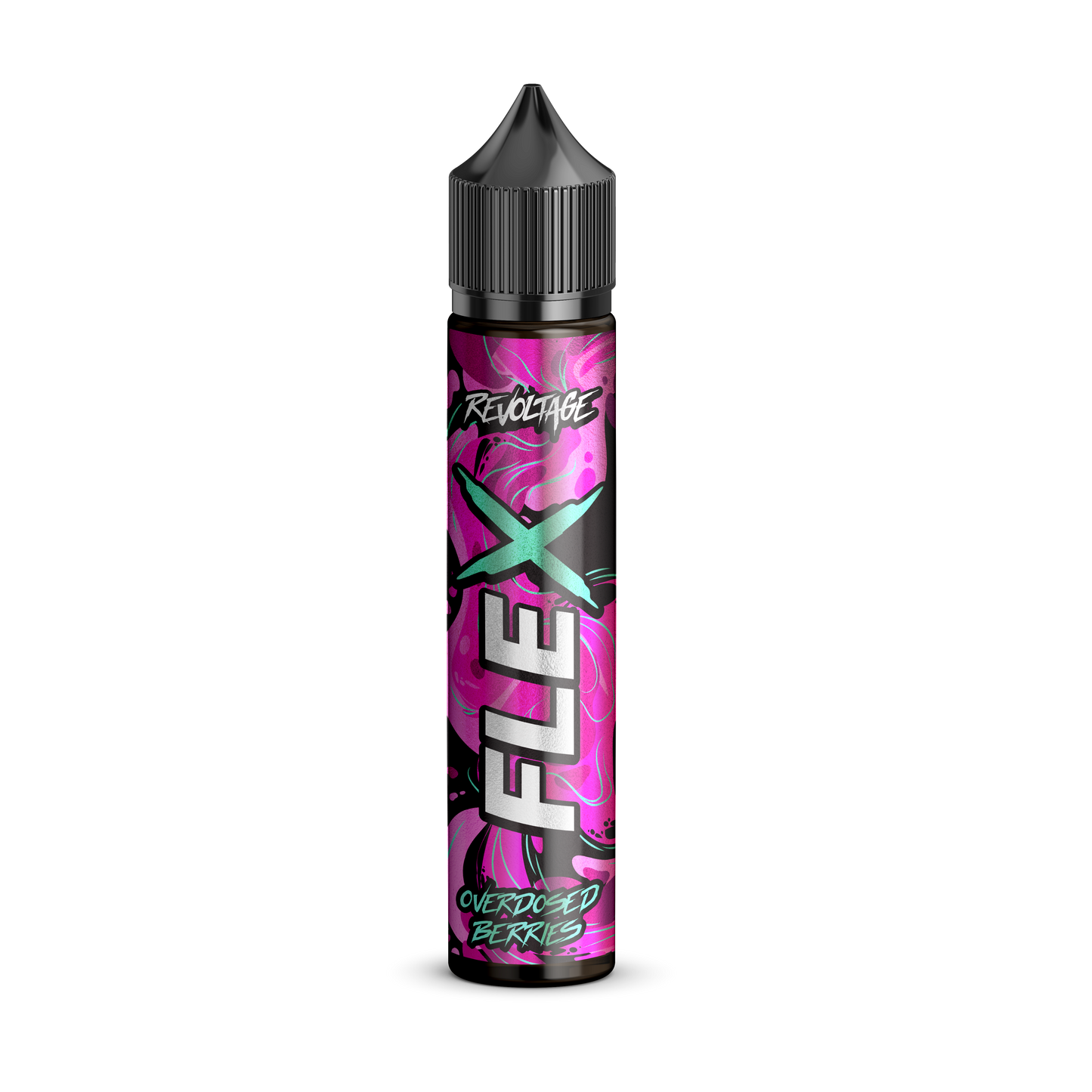 Revoltage FLEX Overdosed Berries e-liquid bottle with vibrant pink label, black cap, on black background