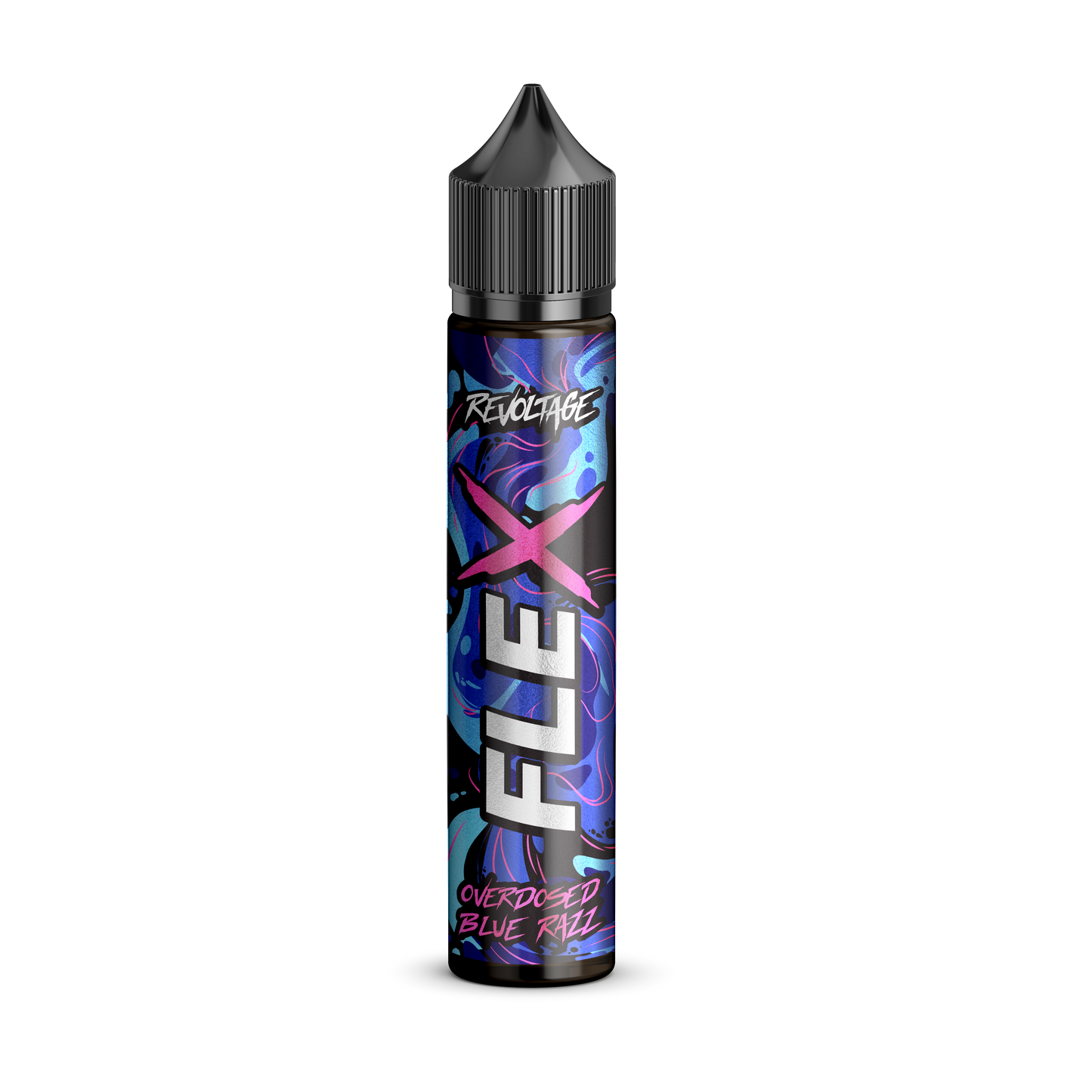 Revoltage FLEX Overdosed Blue Razz e-liquid bottle with colorful label on black background
