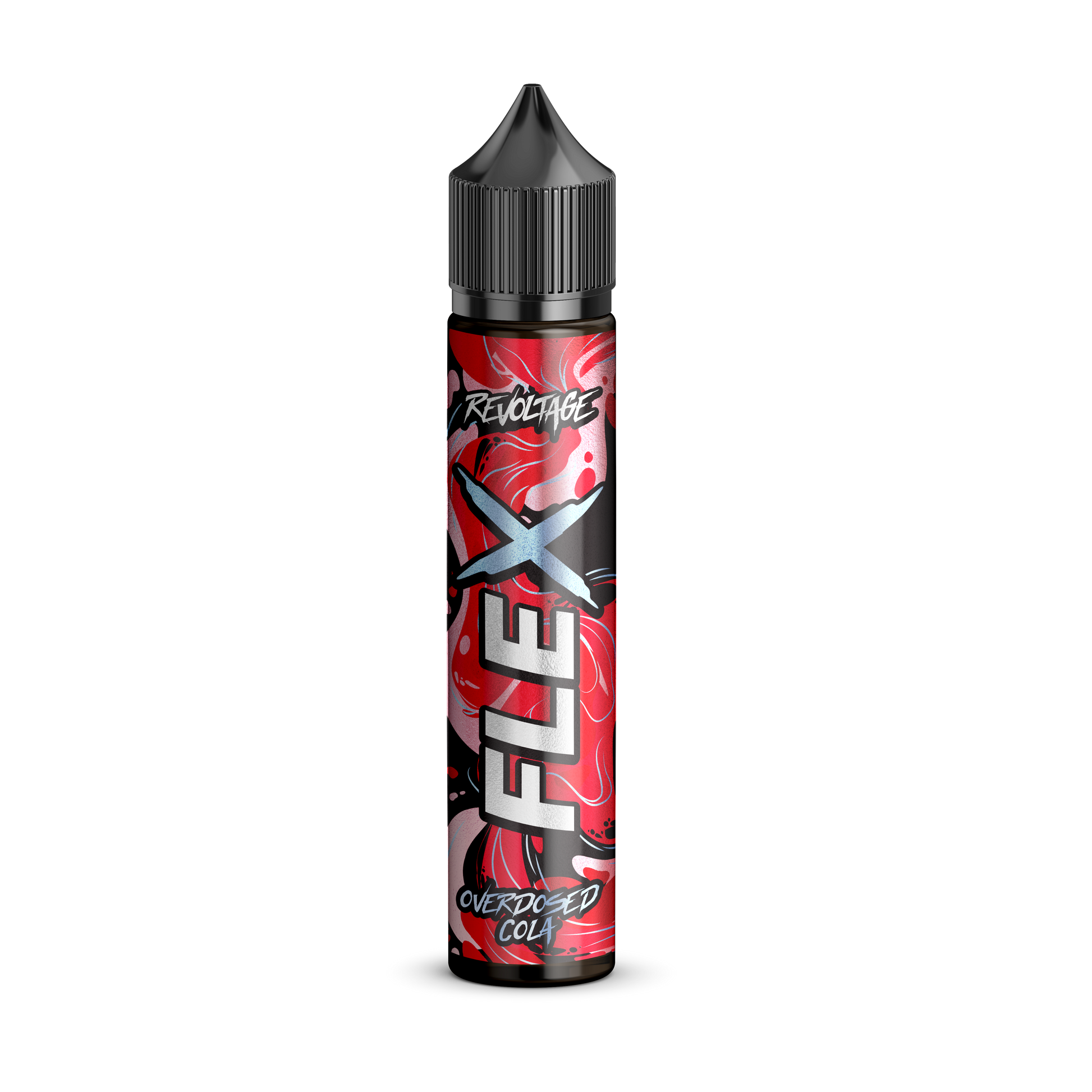 Revoltage FLEX Overdosed Cola vape juice bottle with red label on black background