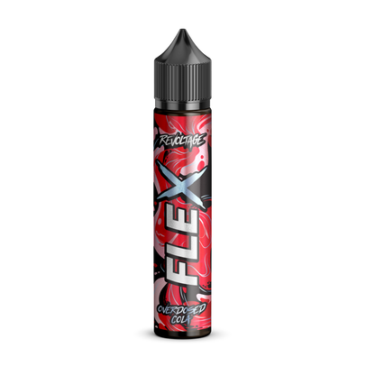 Revoltage FLEX Overdosed Cola vape juice bottle with red label on black background