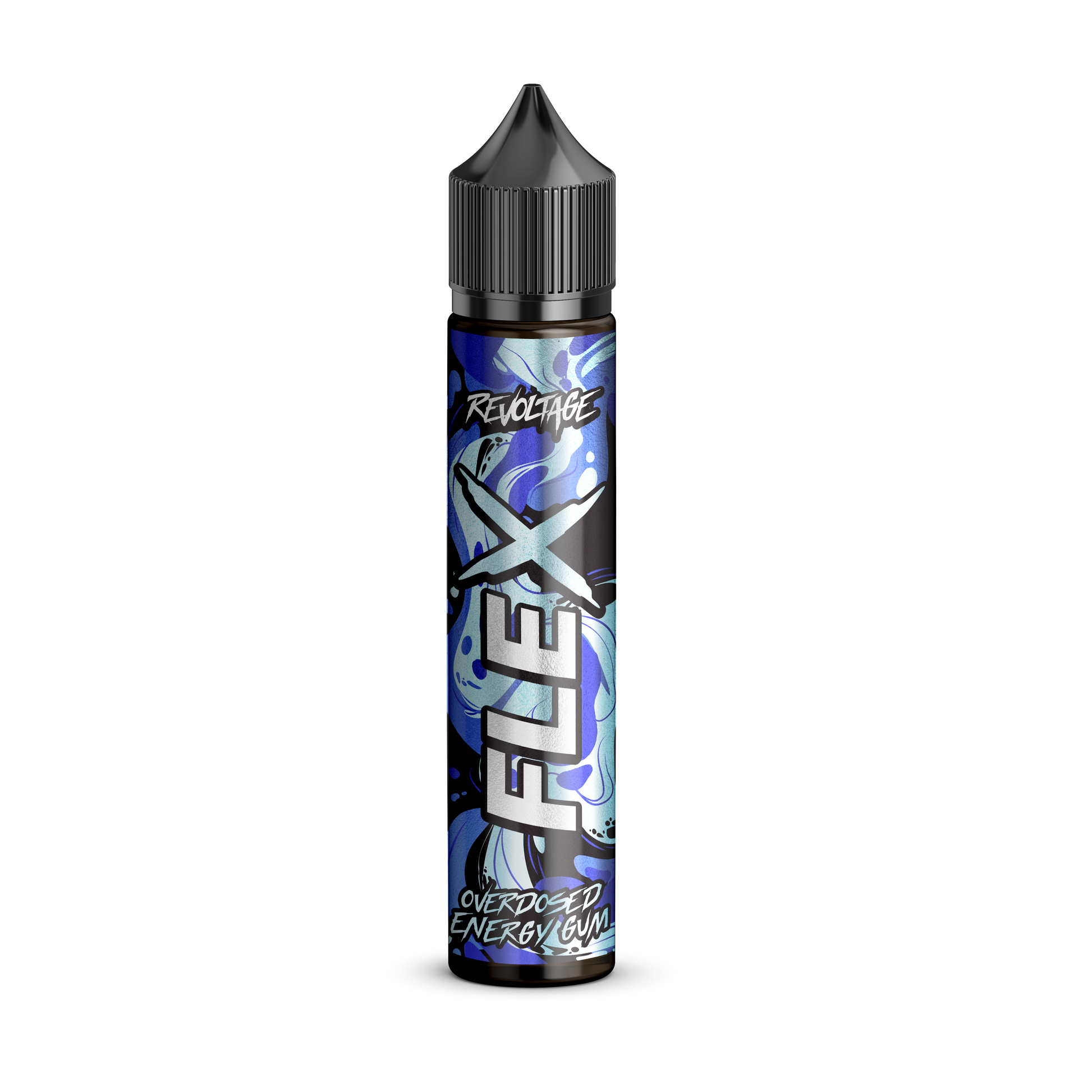 Revoltage FLEX Overdosed Energy Gum bottle with blue label on black background