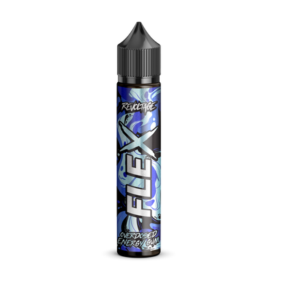 Revoltage FLEX Overdosed Energy Gum bottle with blue label on black background