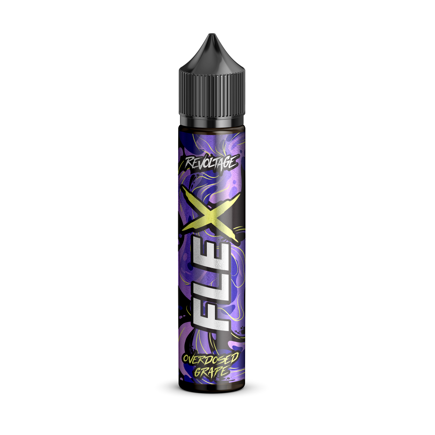 Revoltage FLEX Overdosed Grape vape juice bottle with purple label and black cap on black background