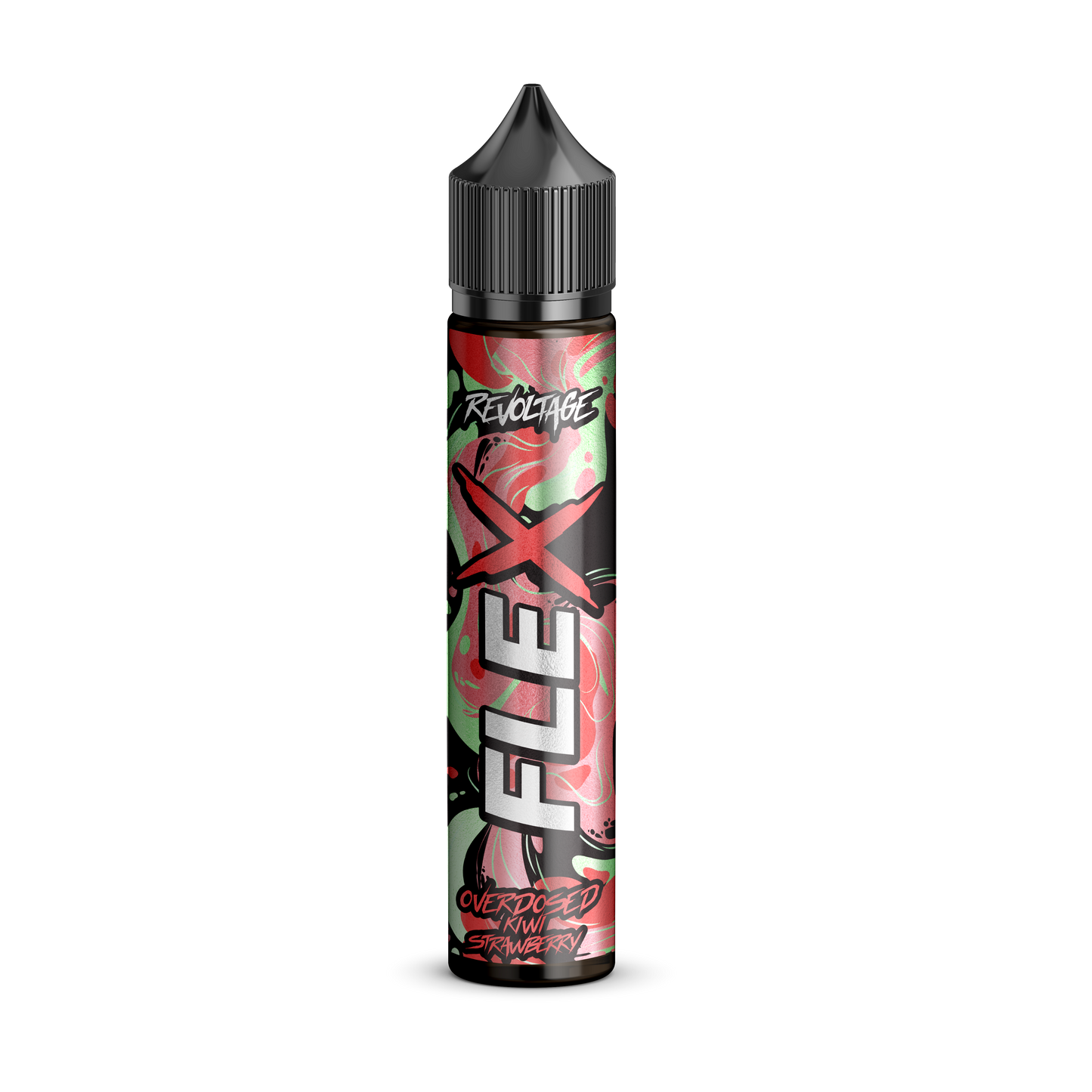 revoltage FLEX e-liquid bottle kiwi strawberry flavor with bold colorful label on black background