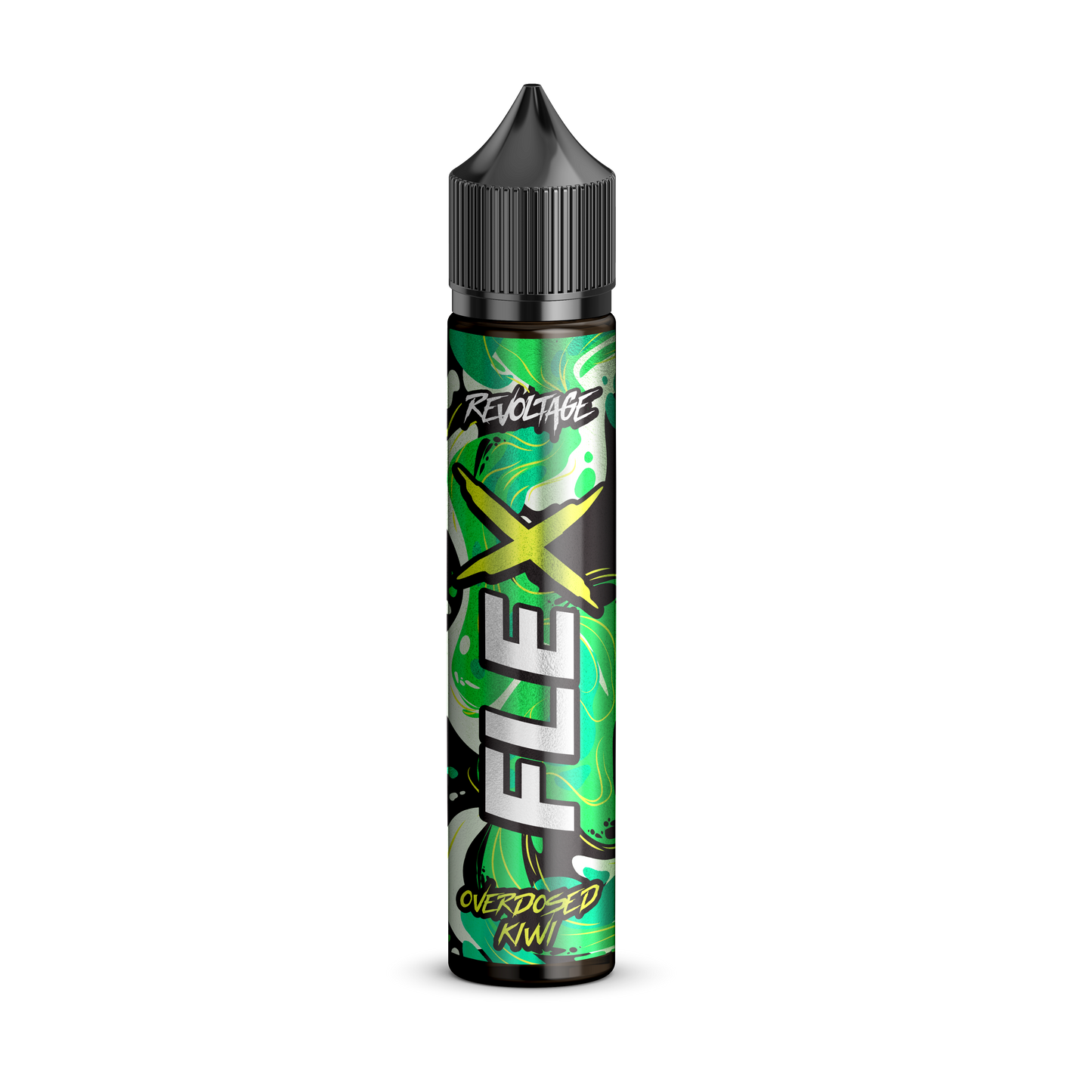 Revoltage FLEX Overdosed Kiwi e-liquid bottle with green kiwi graphics on black background