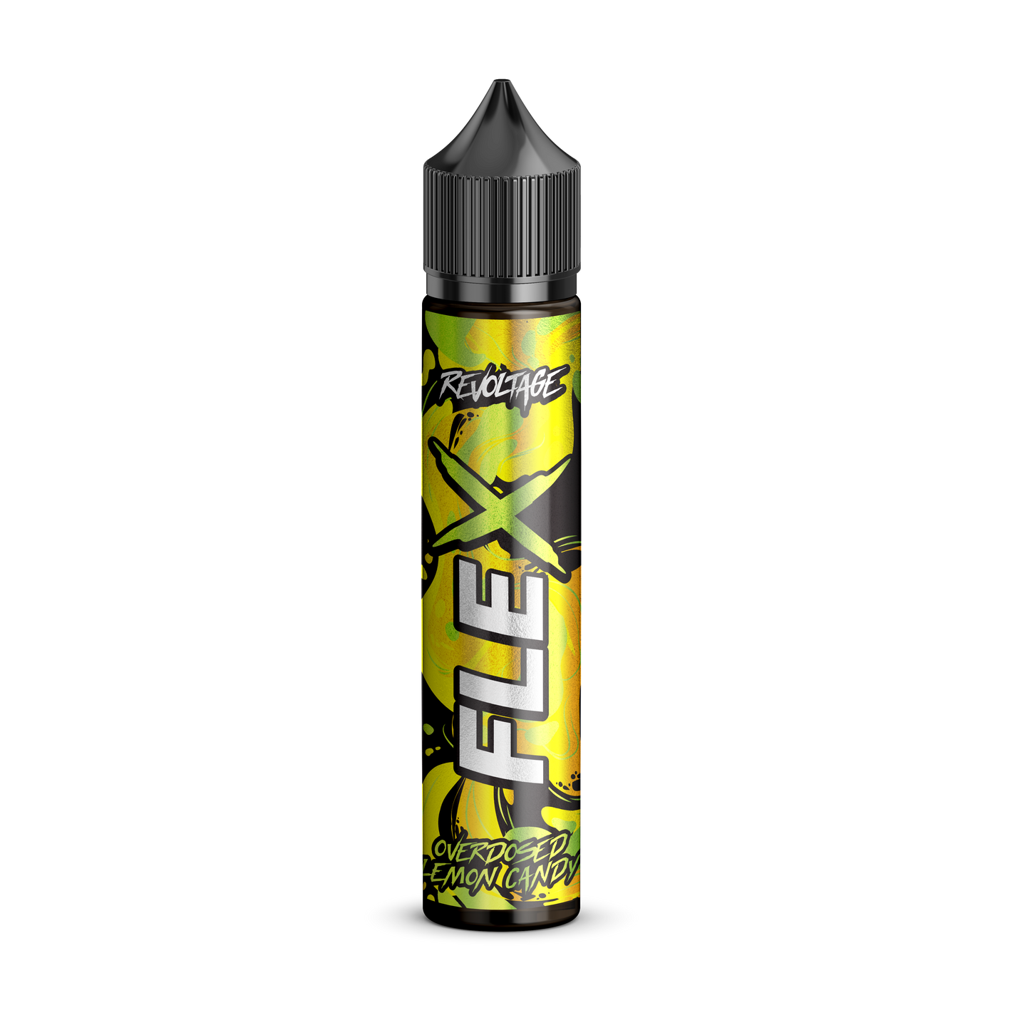 revoltage FLEX lemon candy vape juice bottle with yellow graphics