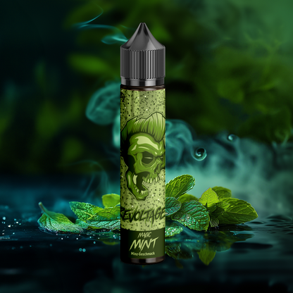 Revoltage Magic Mint vape juice bottle with skull design, mint leaves and vapor background