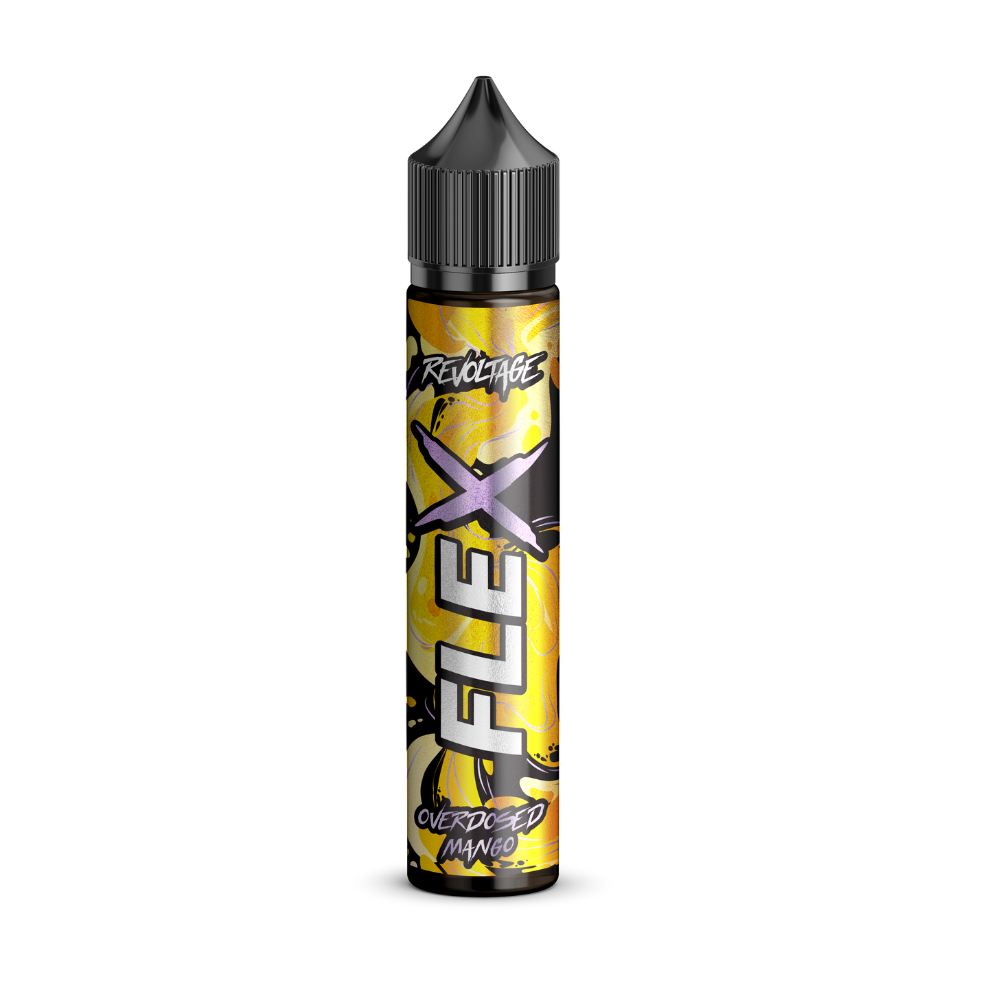 revoltage FLEX Overdosed Mango e-liquid bottle with vibrant yellow mango design