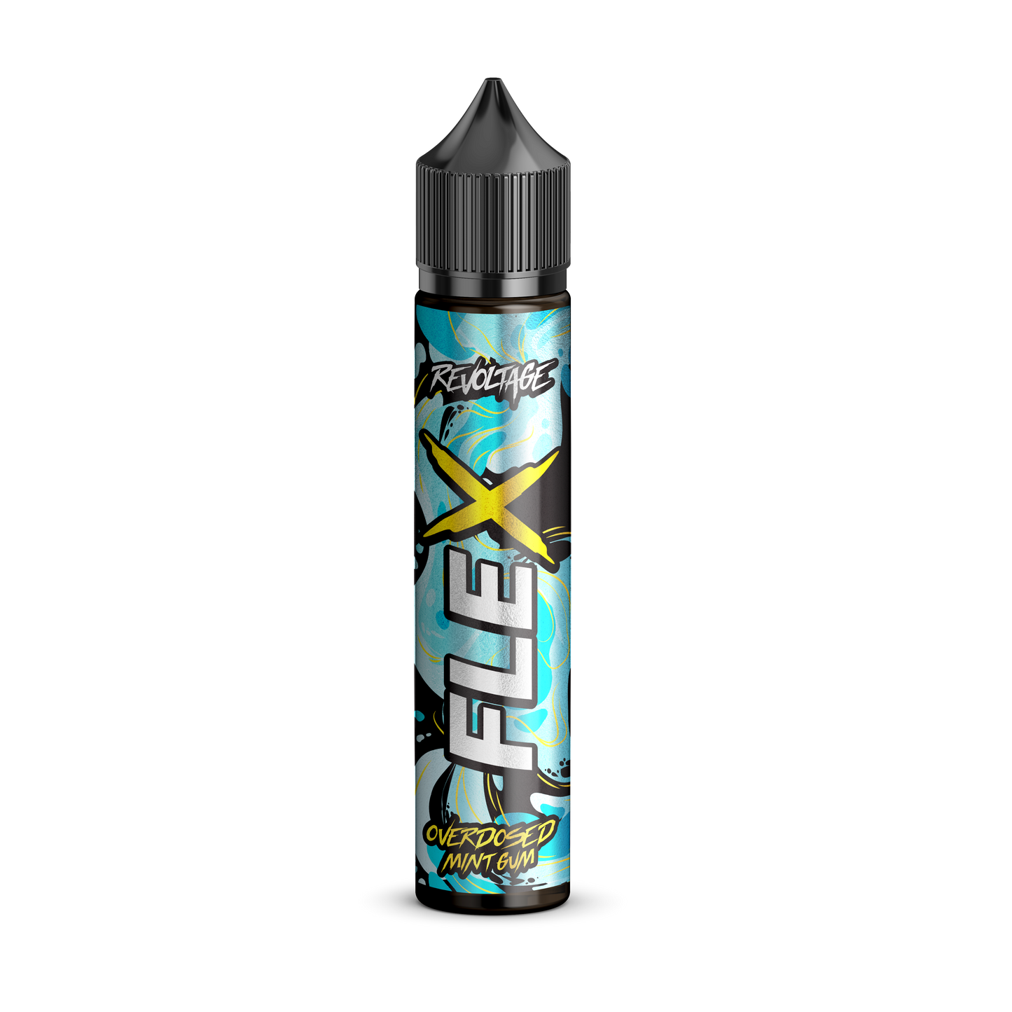 Revoltage Flex X Overdosed Mint Gum e-liquid bottle with blue urban label design