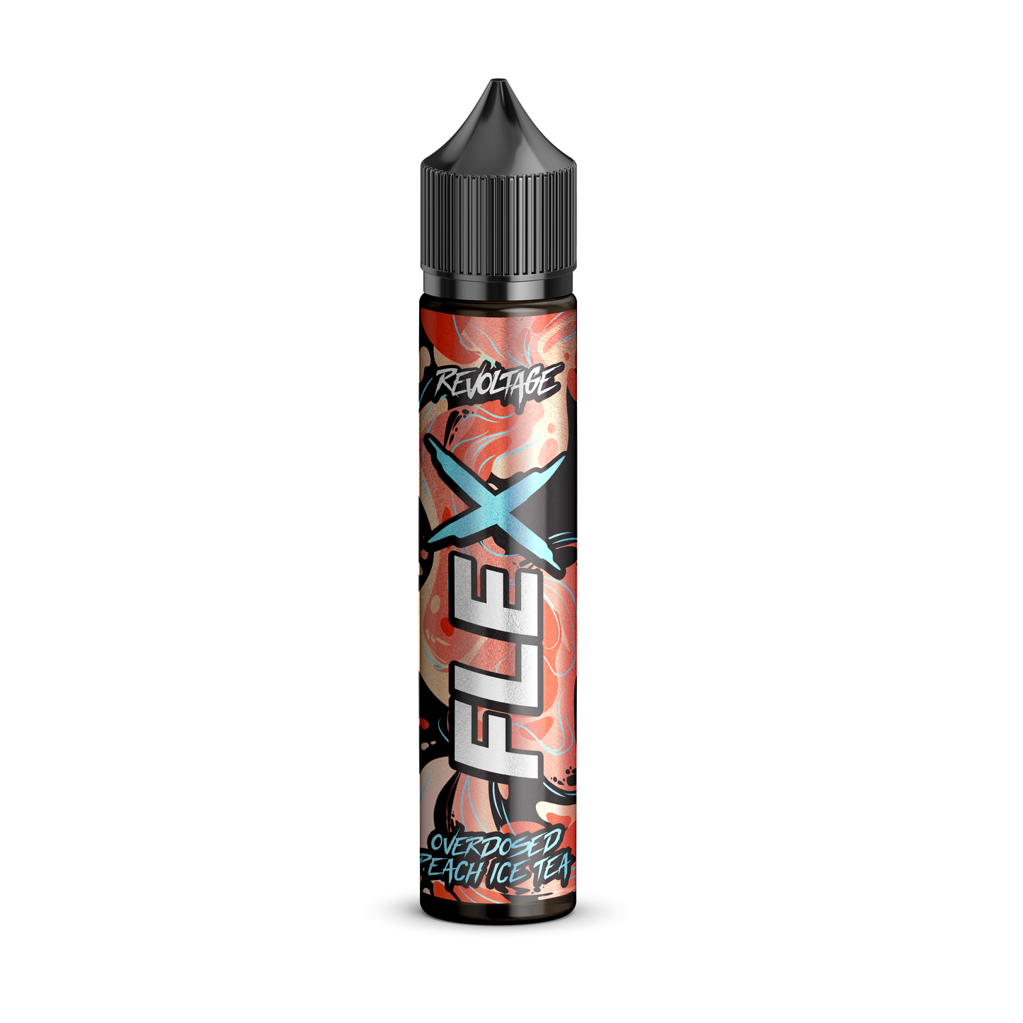 revoltage FLEX overdosed peach ice tea vape juice bottle with peach-themed label on black background