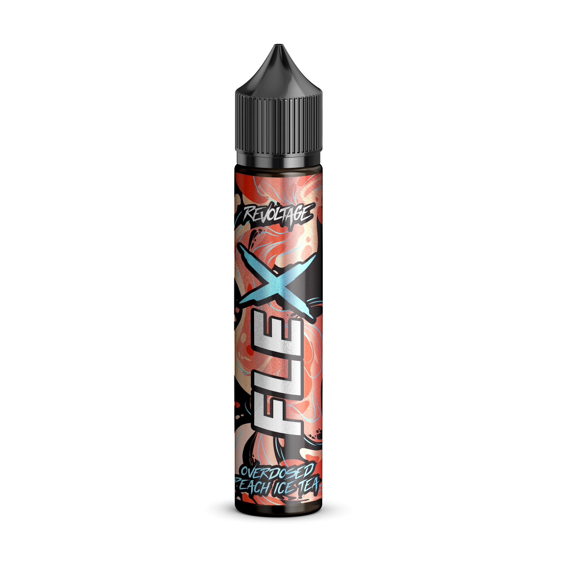 revoltage FLEX overdosed peach ice tea vape juice bottle with peach-themed label on black background