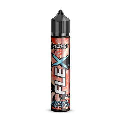 revoltage FLEX overdosed peach ice tea vape juice bottle with peach-themed label on black background