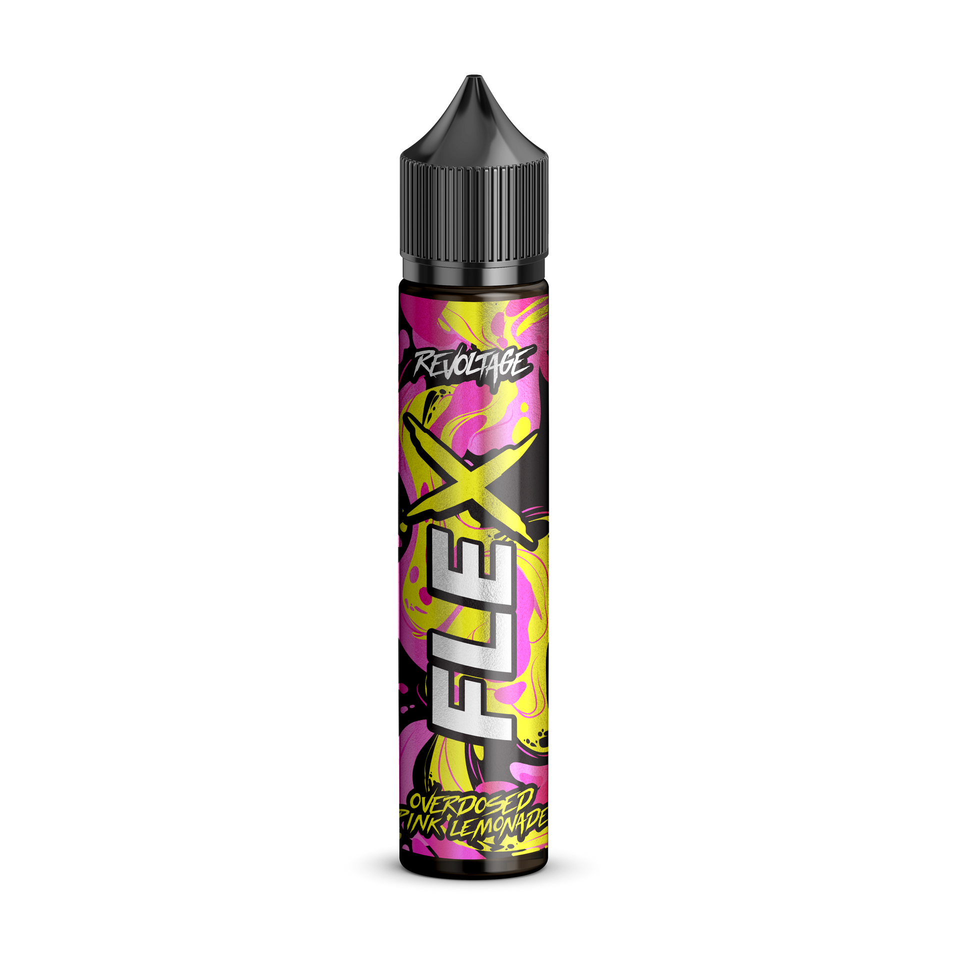 Revoltage Flex Pink Lemonade e-liquid bottle with bright yellow and pink label on black background