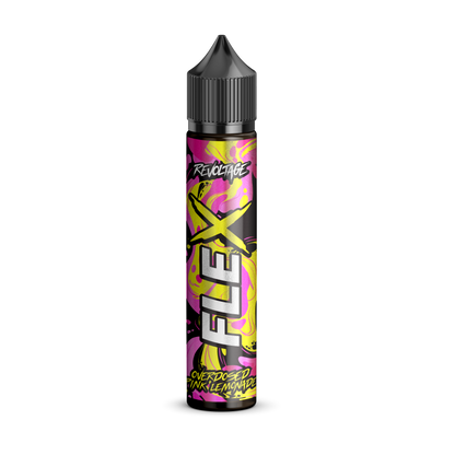 Revoltage Flex Pink Lemonade e-liquid bottle with bright yellow and pink label on black background