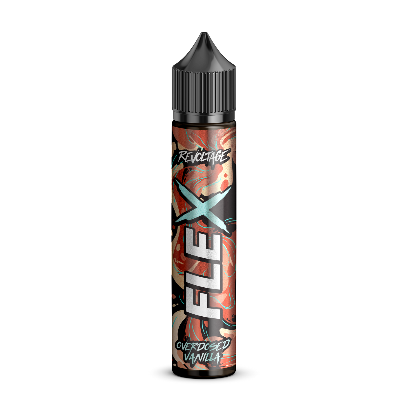 revoltage FLEX Overdosed Vanilla vape juice bottle with artistic label on black background