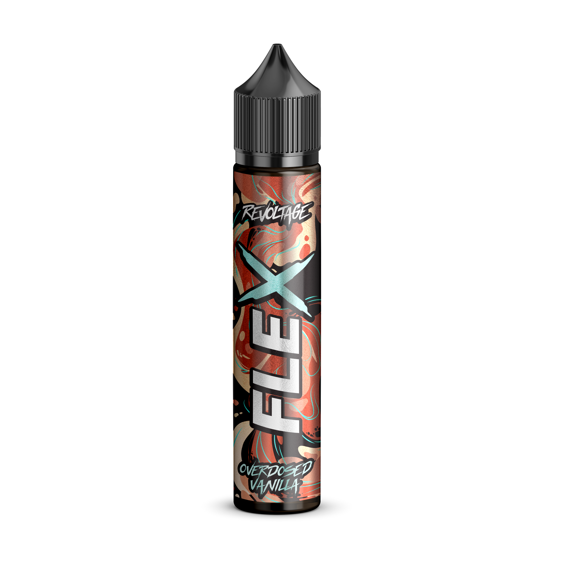 revoltage FLEX Overdosed Vanilla vape juice bottle with artistic label on black background