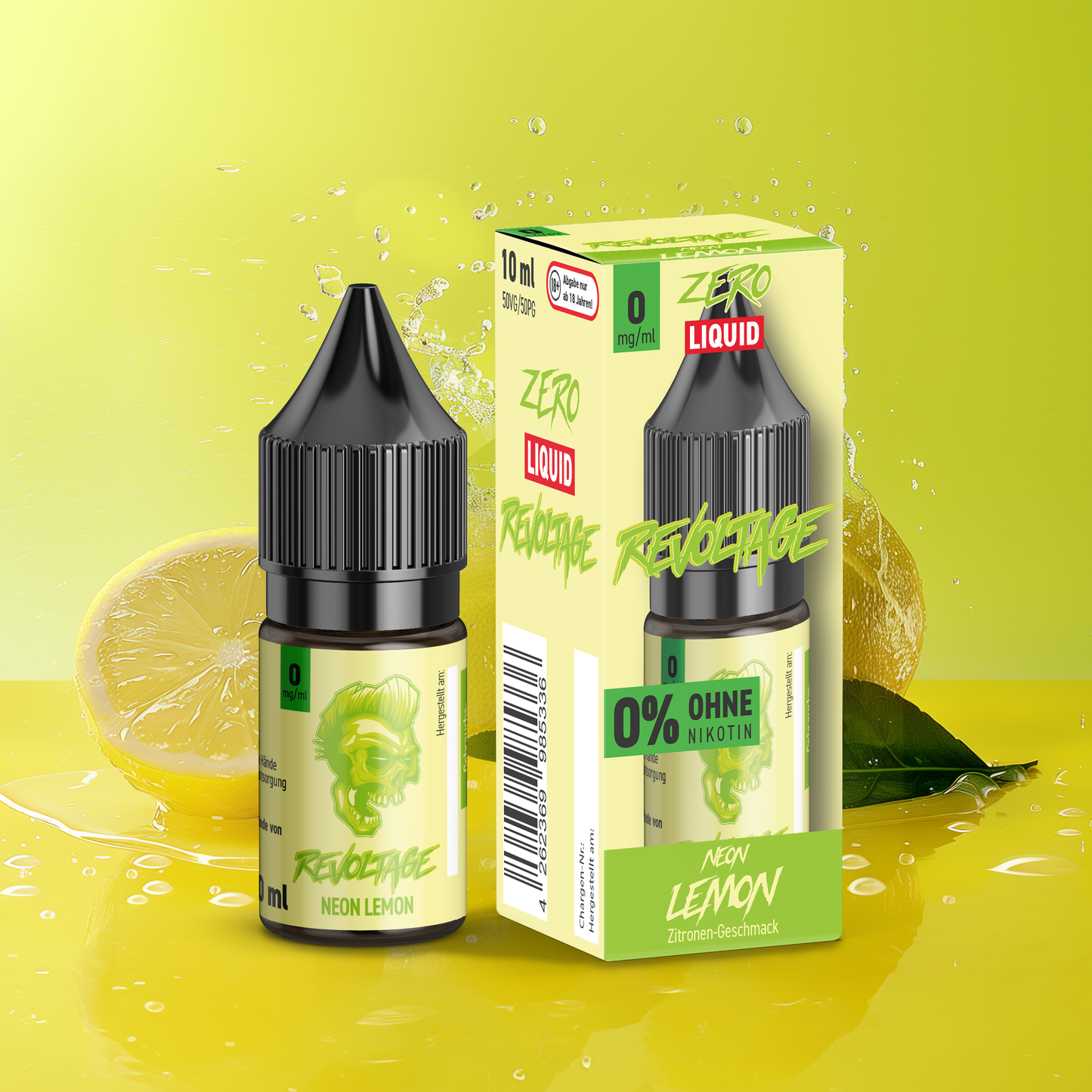 revoltage rocks Neon Lemon zero nicotine e-liquid bottle and packaging with lemon and leaf background
