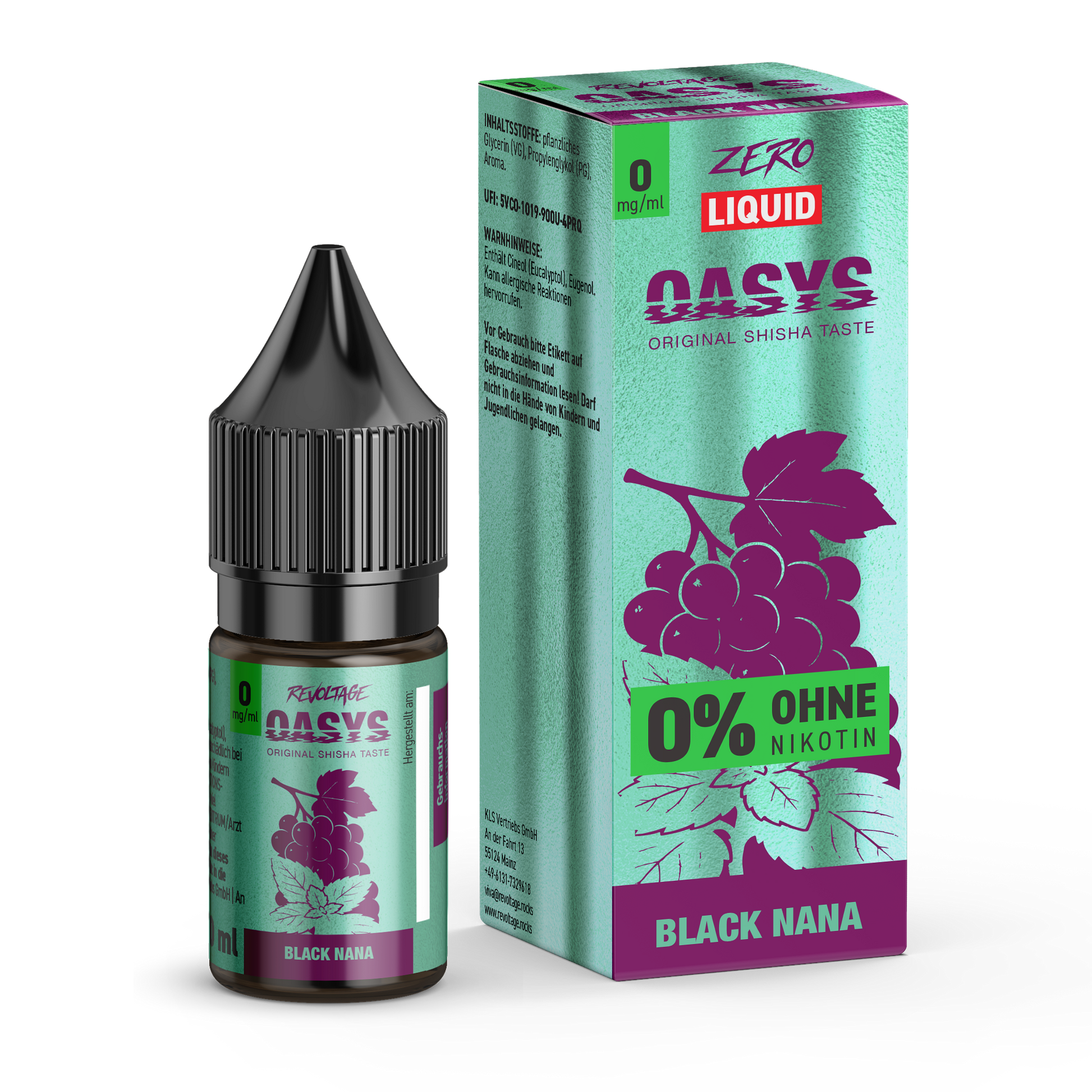 Revoltage Oasys Black Nana nicotine-free e-liquid bottle and box with grape design