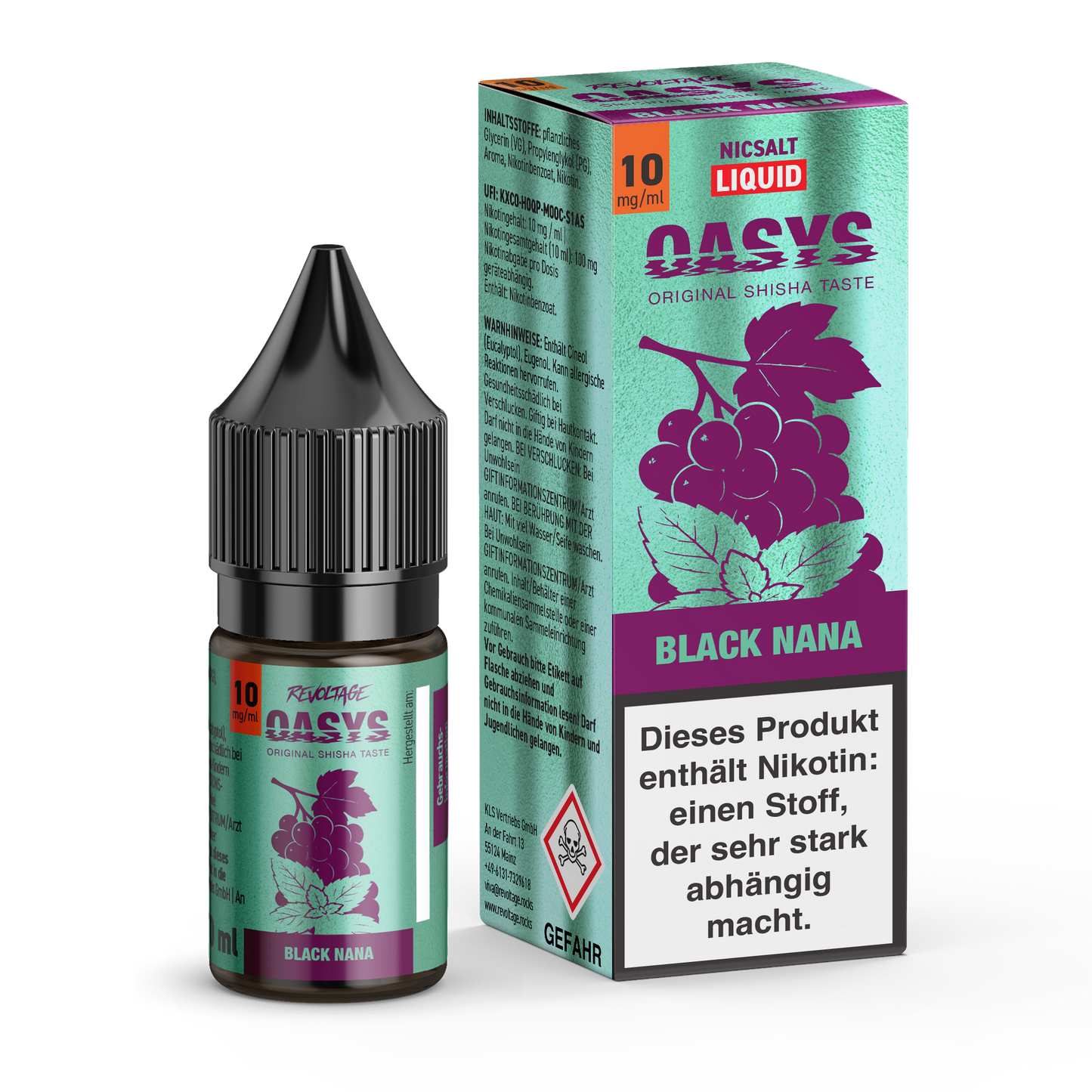OASYS Black Nana 10mg nic salt e-liquid bottle and box with grape shisha flavor branding