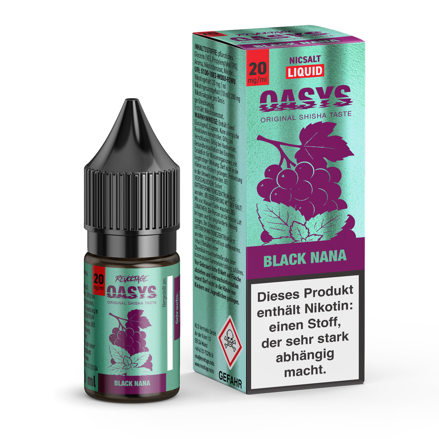 OASYS Black Nana nicotine salt e-liquid 20mg bottle and box with grape design from revoltage.rocks