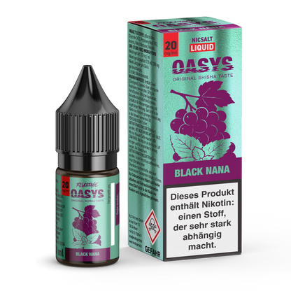 OASYS Black Nana nicotine salt e-liquid 20mg bottle and box with grape design from revoltage.rocks