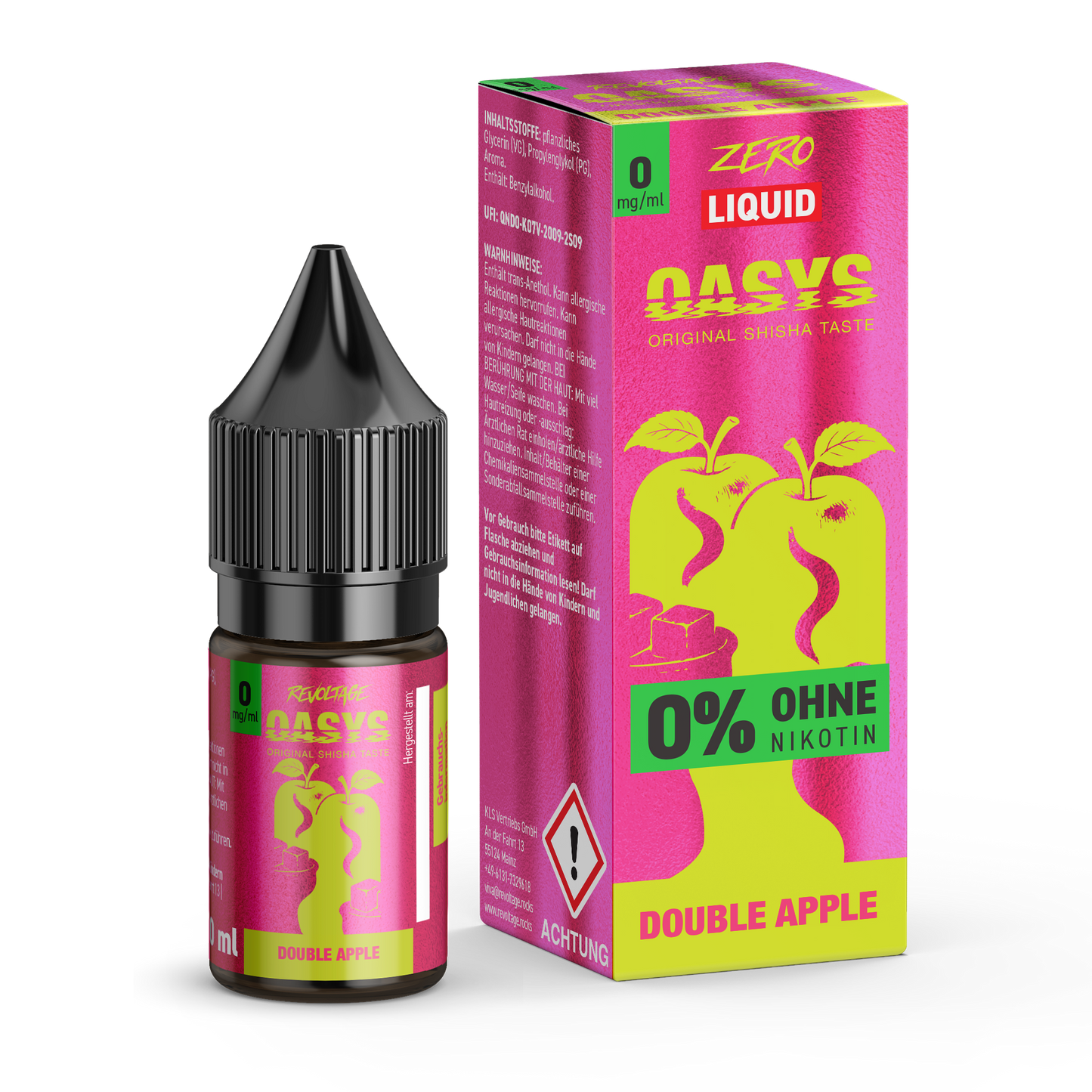 OASYS Double Apple vape liquid 10ml by revoltage.rocks, zero nicotine, pink and green packaging
