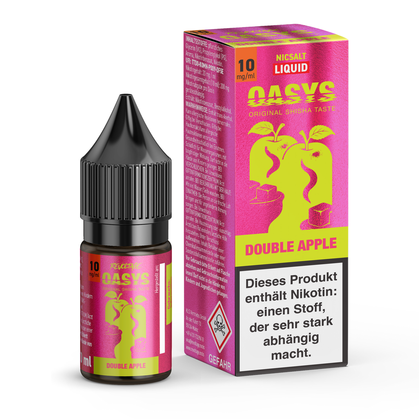 OASYS Double Apple nic salt liquid bottle and box, revoltage.rocks, 10 mg/ml, shisha flavor