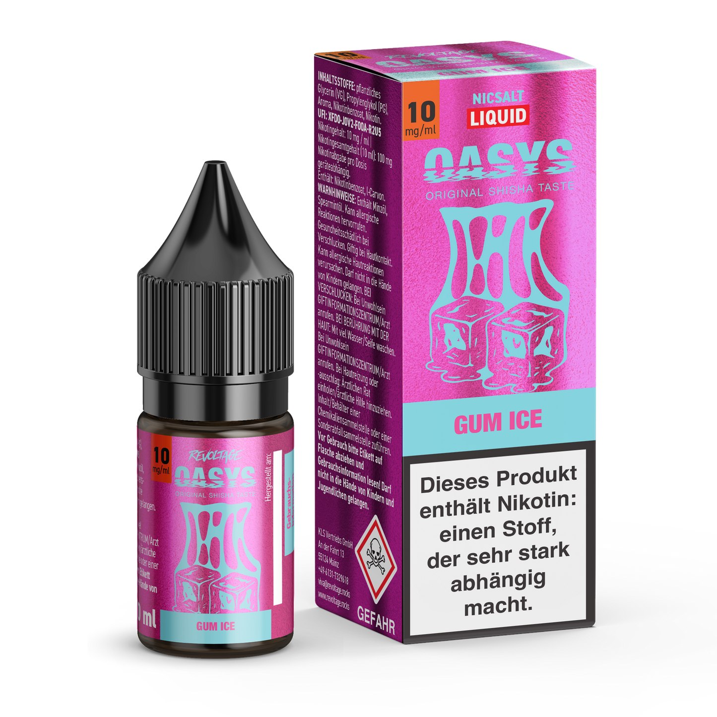 OASYS Gum Ice 10mg nicotine e-liquid bottle and box, pink packaging, revoltage.rocks
