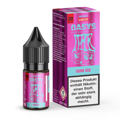 OASYS Gum Ice 20mg nicotine salt e-liquid bottle and box, pink design, revoltage.rocks