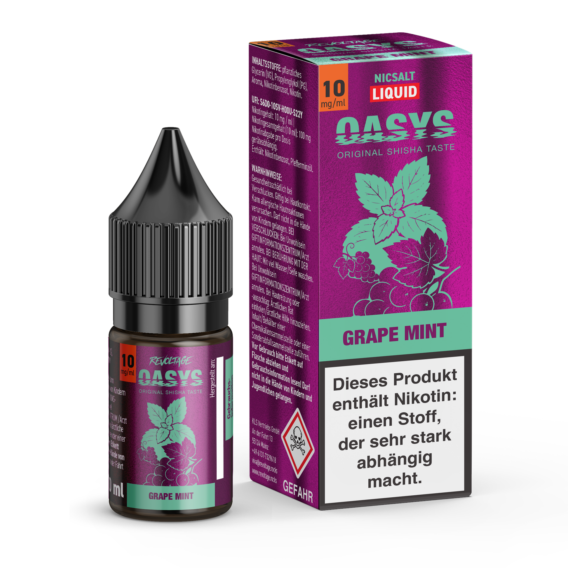 OASYS Grape Mint nic salt liquid 10mg bottle and box, purple label, revoltage.rocks vape.