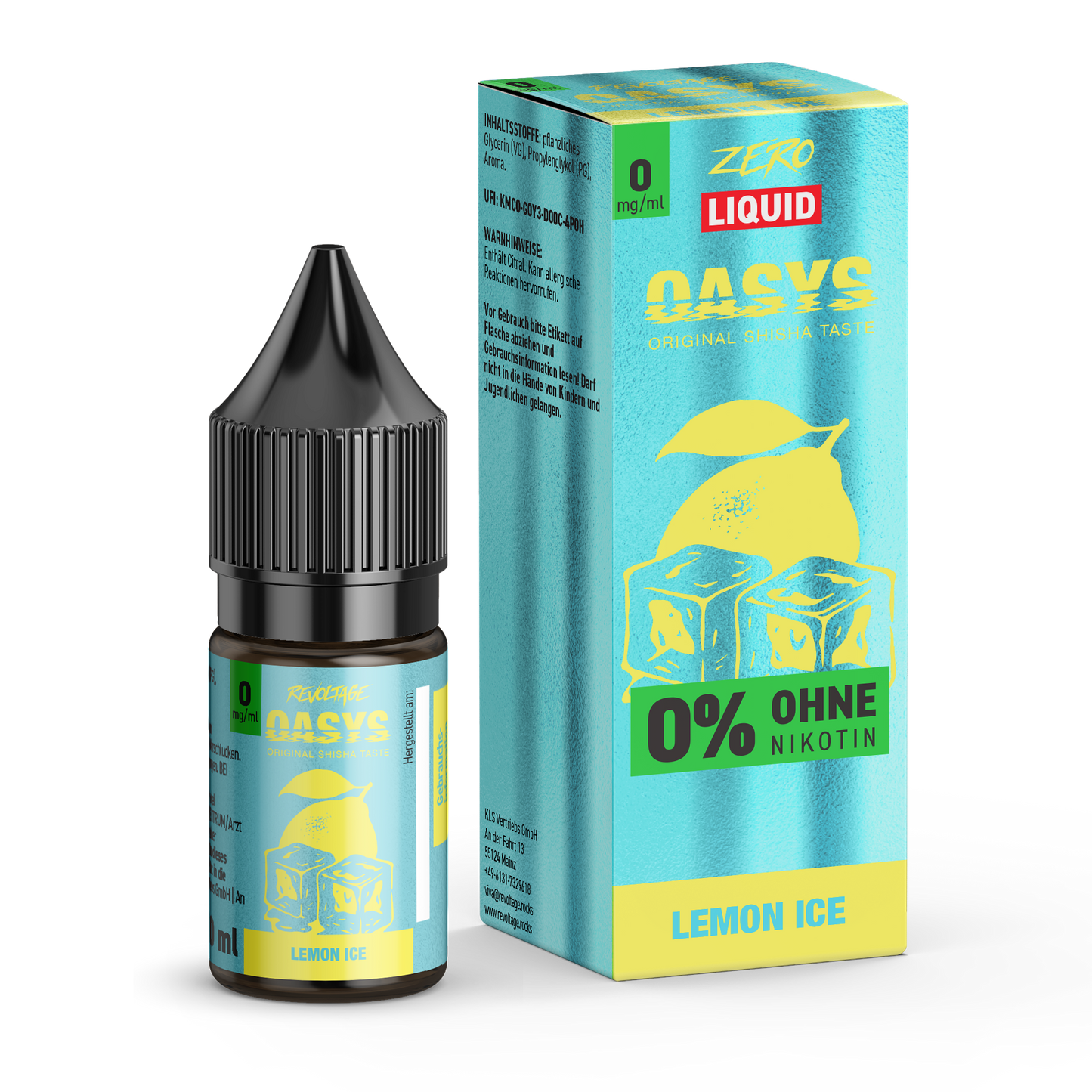 OASYS Lemon Ice 0% nicotine e-liquid bottle and box by revoltage.rocks, blue and yellow design