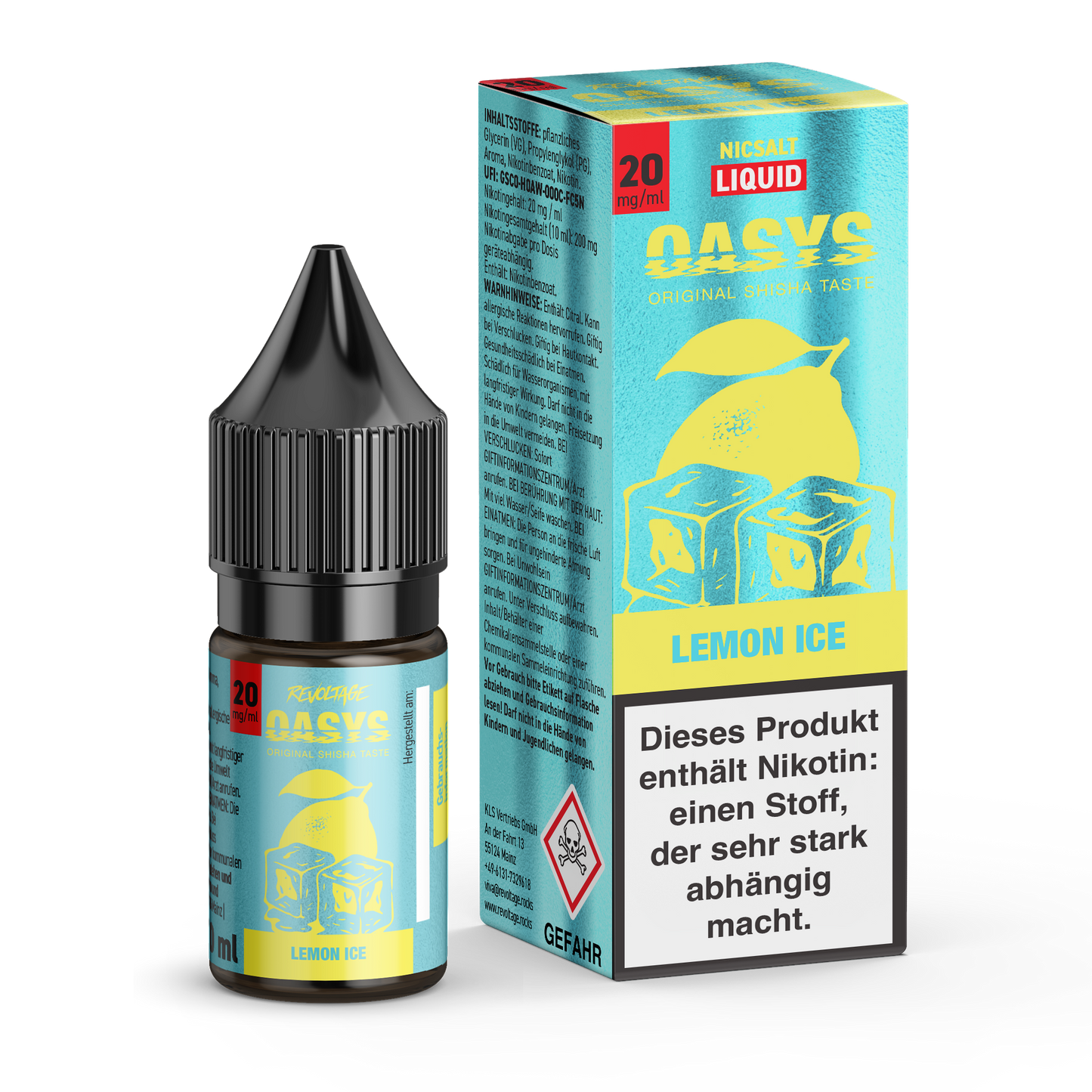 OASYS Lemon Ice Nicsalt Liquid 20mg, e-liquid bottle and box with lemon and ice visuals.
