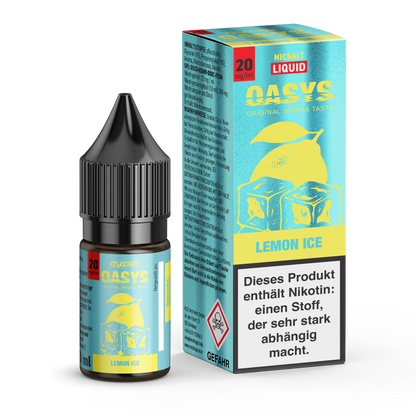 OASYS Lemon Ice Nicsalt Liquid 20mg, e-liquid bottle and box with lemon and ice visuals.