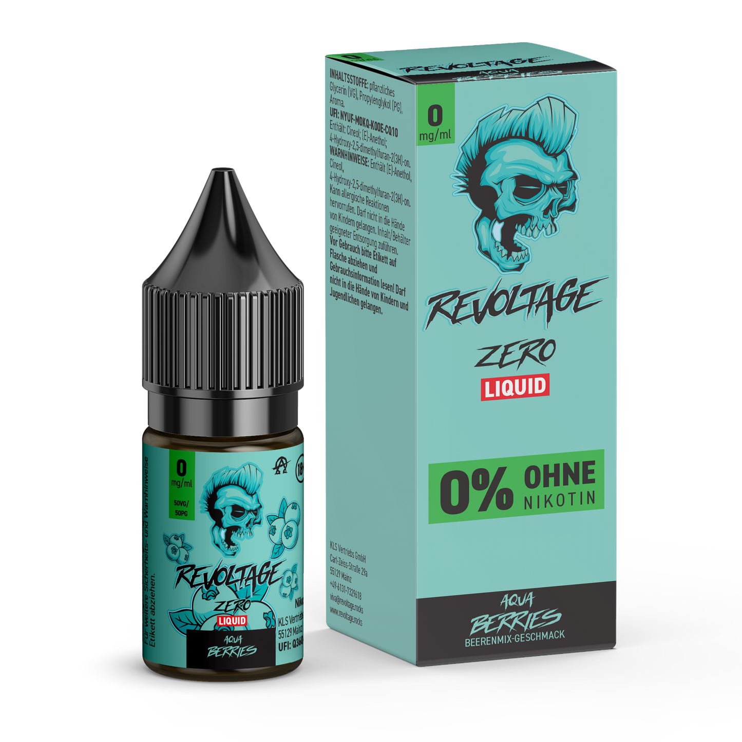 revoltage.rocks Aqua Berries zero nicotine e-liquid bottle and box with blue skull graphic